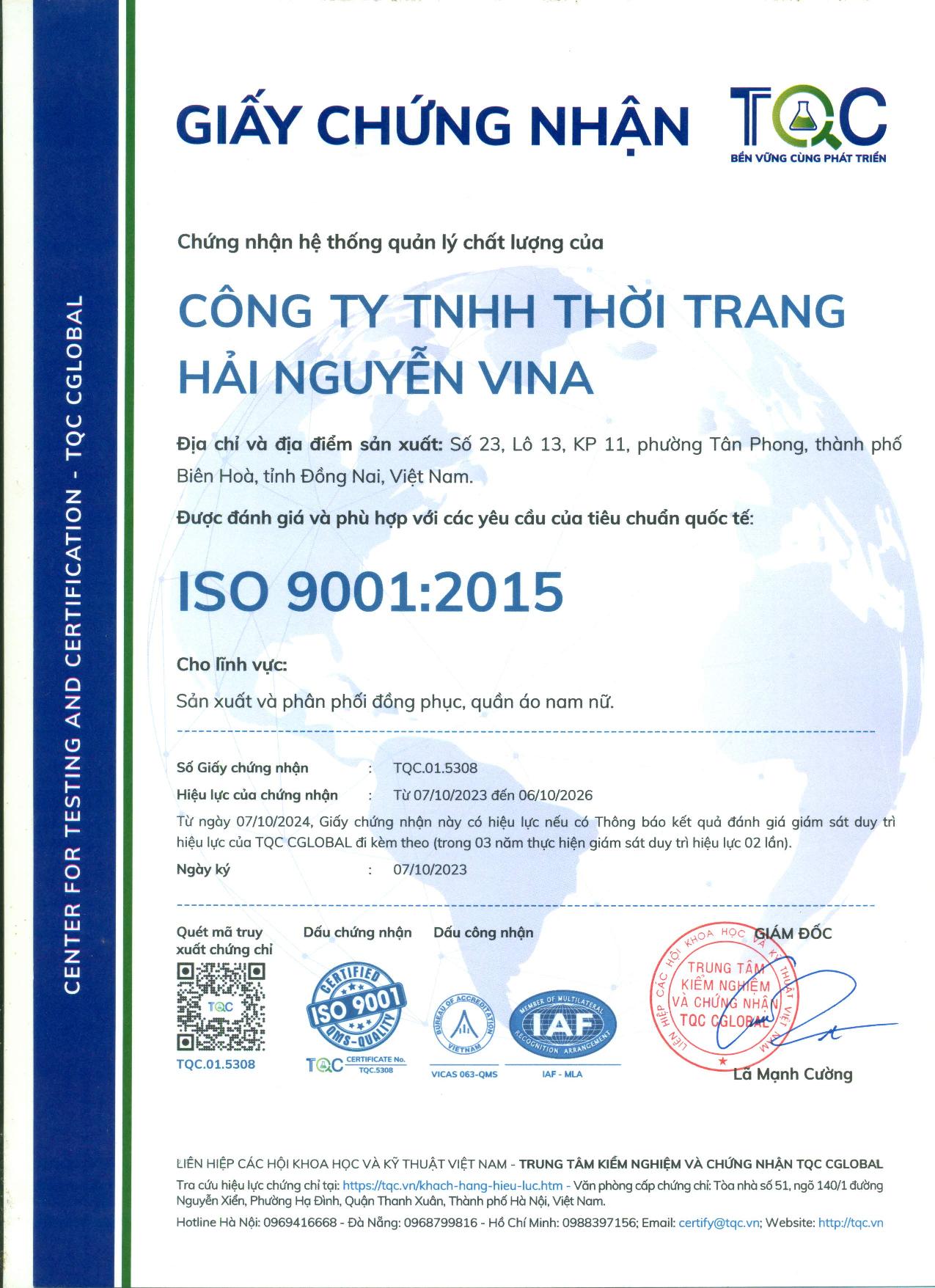Chứng chỉ ISO về may đồng phục bệnh viện